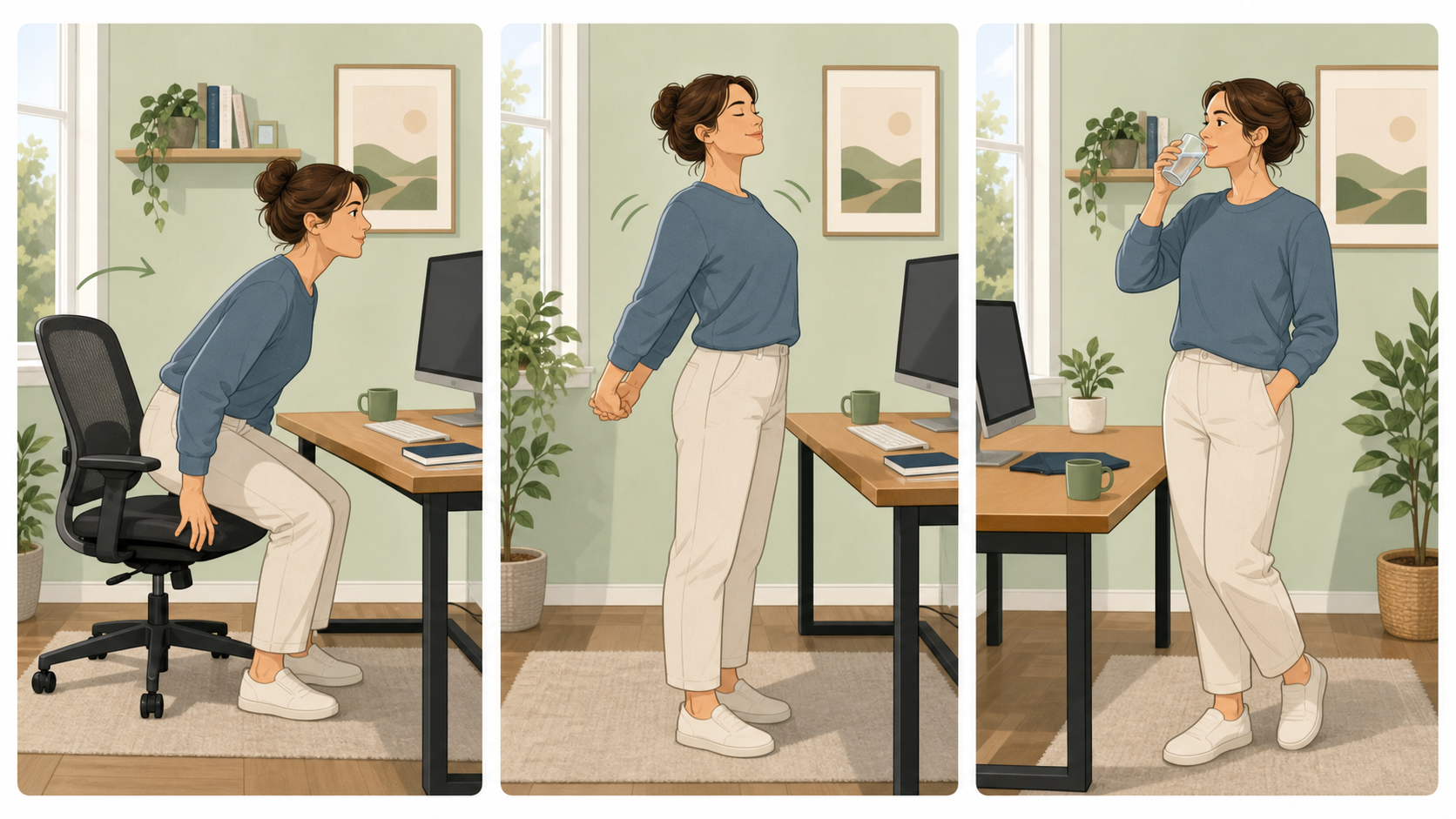 椅子から立ち上がり、肩を軽く動かし、水分をとる在宅ワーク休憩のイメージ