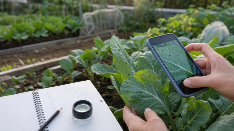 家庭菜園の葉をスマホで撮影し観察ログを残しているイメージ