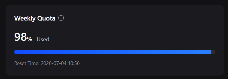 Z.ai GLM-5.2のWeekly Quotaが98%まで使用された画面